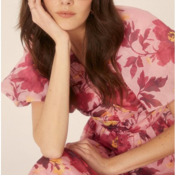 OASIS Floral Ruched V Neck Organza Midi Dress, US 8 - Picture 2 of 4